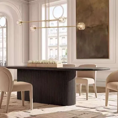 Fluted Pedestal Dining Table Oval Wood Dining Table with Slatted Base Scandinavian Style Natural Wood Grain for Restaurant