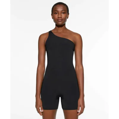 Female Irregular Black Tights Shorts Clothing Cropped Pants Playsuit One Shoulder Sling Movement One Piece Bodysuit