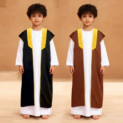 Adult Boy's Arabic Traditional Robe Gold-Edged Embroidery Contrast Color Summer Polyester Outerwear Festival Mosque Ethnic Style