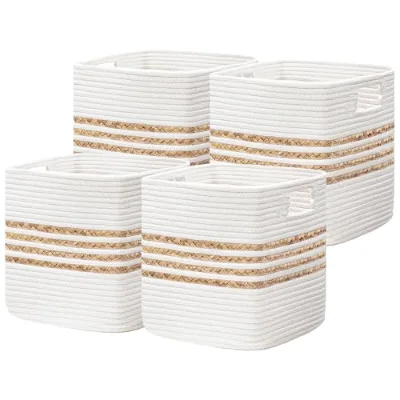 Foldable Water Hyacinth Storage Cubes 11x10.5x10.5in Cotton Rope Woven Handles 10-20L Capacity Living Room