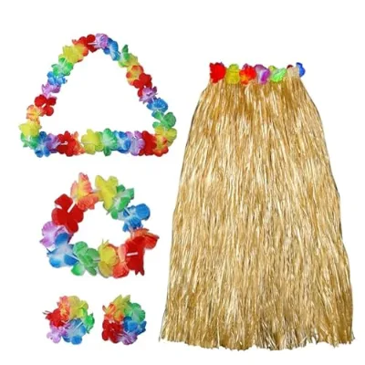 5-Piece Hawaiian Hula Skirt Costume Set Unisex Adult Summer Beach Outfit Grass Skirt Necklace Tropical Flower Leis-Hand