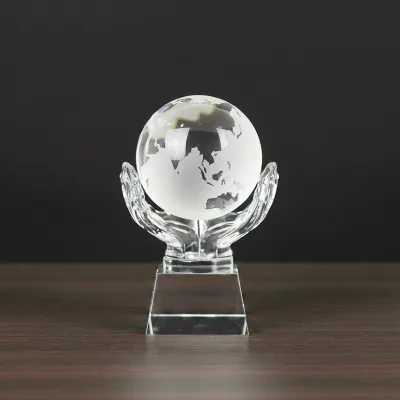 Hands Holding Glass Sports Ball Paperweight Optical Clear Crystal Globe with Engraved Logo Business Gift Fashion Trend