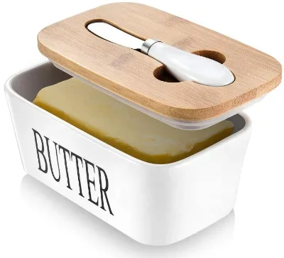 Large Butter Dish with Lid Metal Butter Keeper Container with Bamboo Lid and Knife Butter Boxes