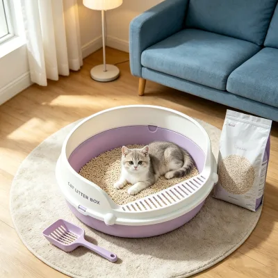 Durable Round Cat Litter Pan, High Side Anti-Scattering Structure Odor Isolation Comfortable Cat Toilet