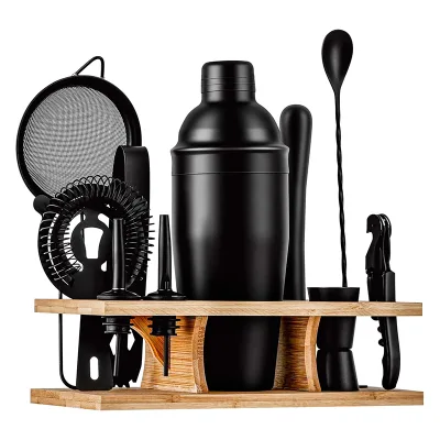 Professional Barware Tools Wooden Stand Stainless Steel Bartender Kit Bar Accessories Jigger Cocktail Shaker Set Velvet Carry