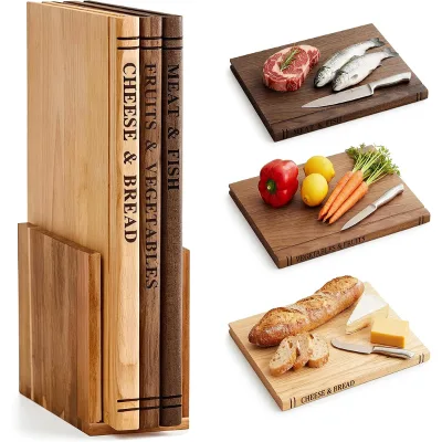 FSC 3 Piece Book Shape Cutting Board Set with Stand BSCI Manufacturer Acacia Wood Chopping Board for Christmas Gift