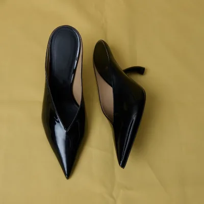 Slipper Patent Leather Upper Plush Midsole Genuine Leather Outsole High-heeled Pointed-toe Feminine Temperament Fashion Trend