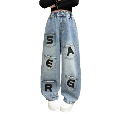 Super-stylish Korean Style High-waisted Denim Jeans Wide-leg Pants for Little Girls Older Kids; Trendy Online-famous Chic