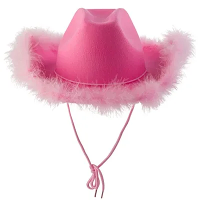 Factory Wholesale Fur Trimmed Party Costume Pink Cowboy Hat Western Cowgirl Hat With Feather