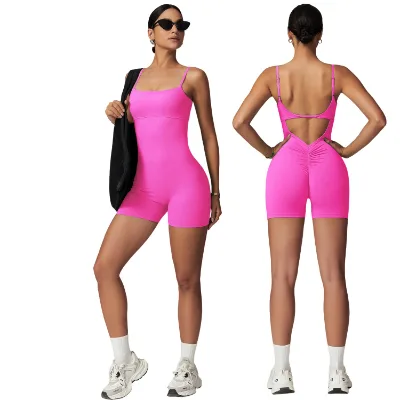 Logo Customize Skin-friendly Hip Lift Quick Dry High Stretchy One-piece Scrunch Butt Short Backless Gym Jumpsuit Women