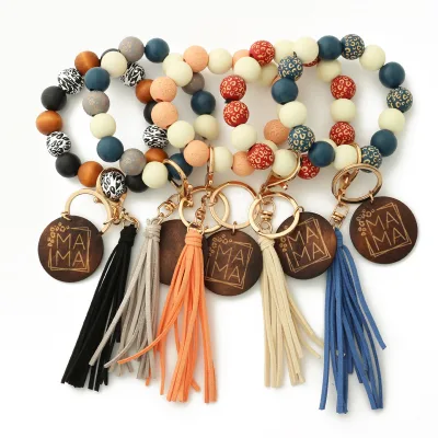 Mama's Food Grade Silicone Bead Wristlet Keychain Bracelet Keychain Bangle Key Ring with PU Handmade Tassel