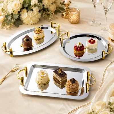 OEM Stainless Steel Rectangle Mirror Serving Tray Buffet Food Display Tray with Gold Silver Handles for Hotel Catering