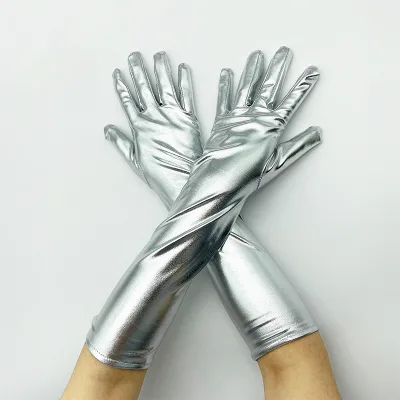 Fashion Shiny Lacquer Leather Lady 40 Cm Long Gloves Woman Uniform Pole Dance Halloween Witch Cosplay Girl Fairy Silver Mittens