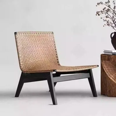 Wabi-sabi Style Wood Frame PE Rope Woven Mid-century Lounge Chair Backrest Reclining Feature for Hotels