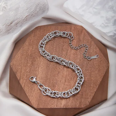 Wholesale Men's Vintage Twist Double Clasp Chain Semi Circle Embossed Silver Plated Stainless Steel Bracelet