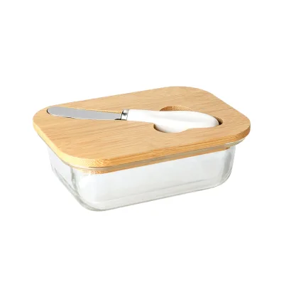 Glass Butter Storage Box with Bamboo Lid Glass Butter Dish with Knife
