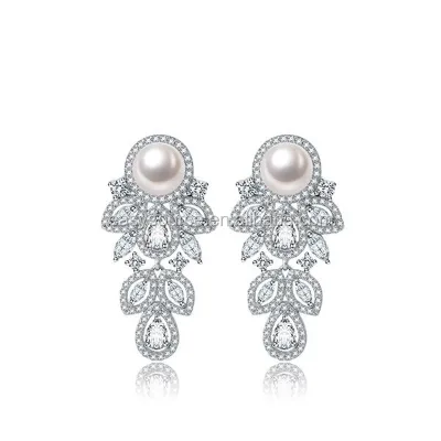 Wedding Party Jewelry Classic Zircon Drop Earrings Pearl Pendant Dangle Ear Stud