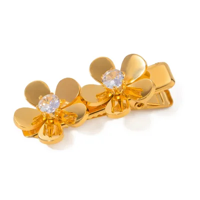 J&D Zircon/Two Small Daisies Zircon Pearl Duckbill with Small Hair Clip 18K PVD Plated Stainless Steel Hair Clip