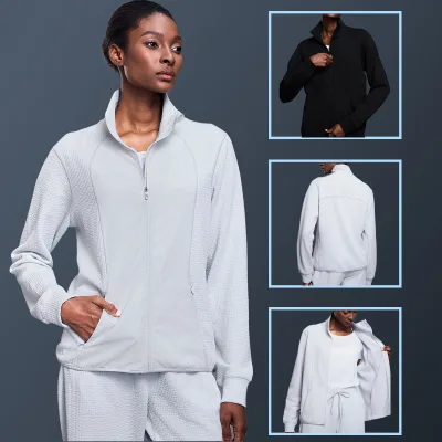 Custom Logo Women Waffle Slim Stand Collar Sports Jacket Casual Gym Fitness Set with Pocket Autumn Sportswear