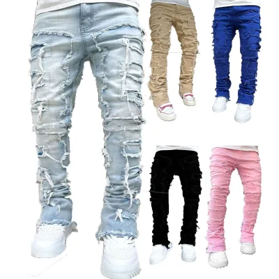 Mens Stacked Flare Jeans Ripped Destroyed Raw Edge Frayed Washed Denim Streetwear Bootcut Trousers
