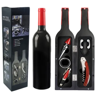Bright Red Head Wine Bottle Type Stainless Steel Bar Tool Set Five-Piece Wine Opener Stopper Pourer