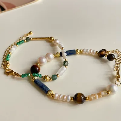 2 Designs Beaded Natural Freshwater Pearl Bracelet Tiger Shell Glass Eye Natural Stone Lapis Lazuli Bracelets Vintage Jewelry