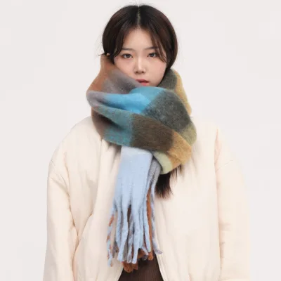 South Korea Women's Ins New AC Plaid Mahaired Scarf Soft Waxy Warm Neck Autumn Winter Soft Shawl Made of Polyester