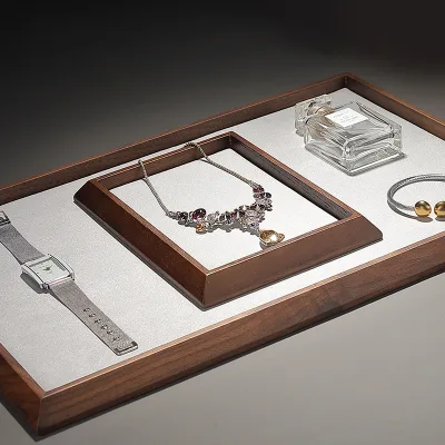 Walnut Finish Wood Jewelry Display Tray Grey Microfiber Ring Necklace Bracelet Showcase Organizer S M L Sizes Luxury Non-slip