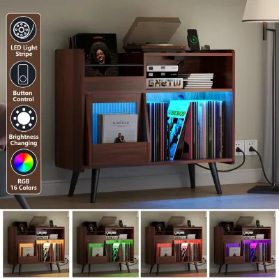 Large Modern Record Player Stand with 350 Vinyl Storage Display Cabinet with Power Outlet & LED Light for Living Room & Bedroom