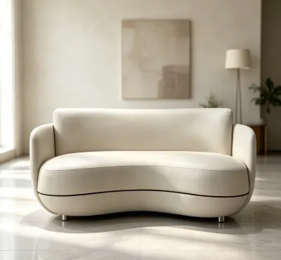 Modern Curved Waiting Sofa Set Luxury Cream-color PU Leather Reception Bench Metal Frame Golden Legs Suitable for Beauty Salon