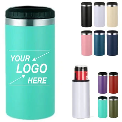 Custom 12oz Slim Skinny Stainless Steel Can Cooler Double Wall Vacuum Insulated Drink Holder Low MoQ Branded Gifts Logo Welcome