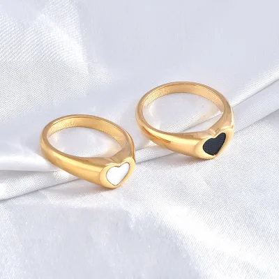 High End 18K Gold Plated Dainty Black & White Shell Heart Eternity Band Rings Stainless Steel for Women Party Trendy Jewelry