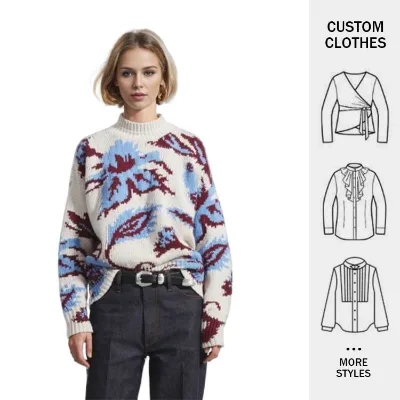 OEM Customized Wholesale Autumn New Standing Collar Woolen Knit Printed Long Sleeve Women's Home Warm Pullover Sweater