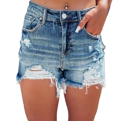 Hot Sales Women Casual High Waisted Frayed Raw Hem Ripped Breathable A-Shaped Jeans Shorts for Summer