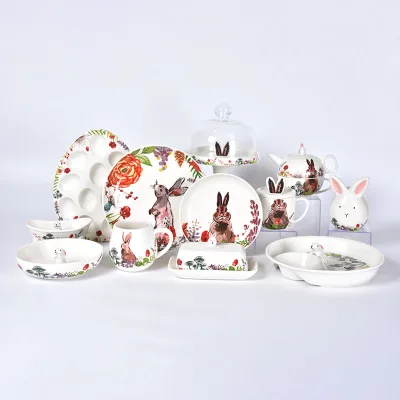 Animal Plate Set Tableware White Children Ceramic Dinnerware Wholesale Easter Bunny Theme Cute Party Modern Animal Pattern