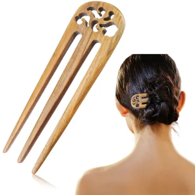 Handmade Carved Wood 3-Prong Hair Fork Pin Vintage Style Hair Stick Wooden Hairpin