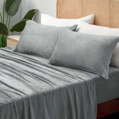 New Style Queen Size Grey Color Super Soft Flannel Fleece Fluffy Extra Plush 4 Pcs Bed Sheet Set