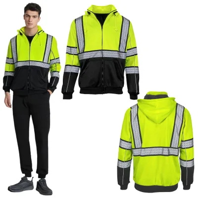 Mens Class 3 Lime Green Hi Vis Black Bottom Full Zip Safety Hoodie Fleece High Visibility Sweatshirt
