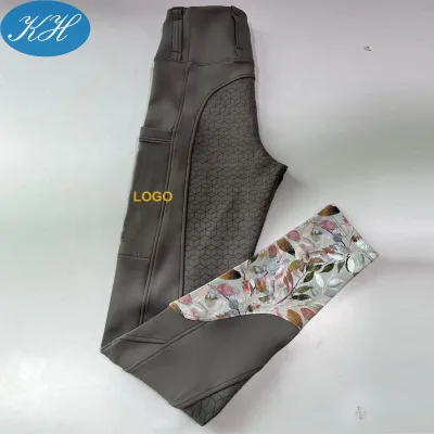 Custom High End Equestrian Tights With Belts Floral Printed Full Seat Riding Leggings
