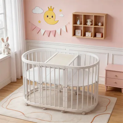 Modern Solid Wood Baby Crib with White Finish Rounded Guard Rails Decorative Panel Caster Wheels for Bedroom Dining Living Room