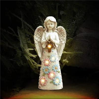 Angel Garden Figurine Outdoor Garden Statue, Solar Garden Sculpture with 7 LEDs Welcome Sign Resin Praying Angel Art Garden Dec