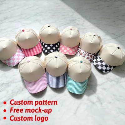 Custom Embroidery Pink White Stripe Dot Hat Hip-hop Canvas Women Brim 5 Panel Hat Adjustable High-quality Baseball Cap Christmas