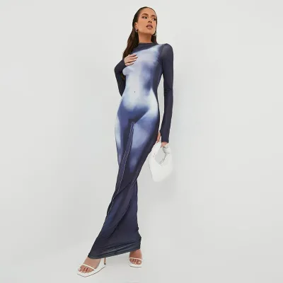 Aschulman Custom Long Sleeve Body Heat Autumn 3d Wave Body Print Dress With a Womans Body Print