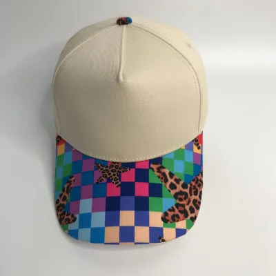 Trendy 5 Panel Structured Baseball Cap Vibrant Color Splicing Letter Full Printed Brim Hat Street Style Outdoor Sports Cap