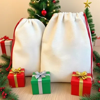 DANCURKEY Wholesale Xmas Canvas Gift Bag Custom Sublimation Large Drawstring Linen Blank Christmas Santa Sacks
