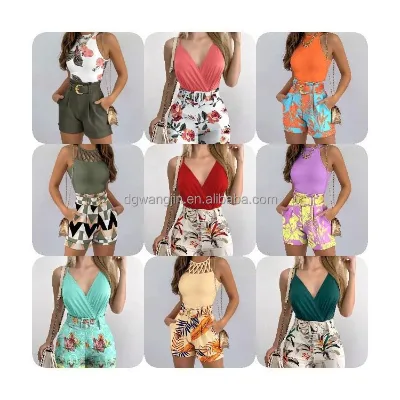 2025 Fashion Two Piece Set Women's Hollow Tank Top Printed Two Piece Set Women's Summer Set with Belt