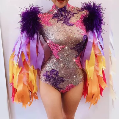 2025 Multi-color Rhinestones Ribbon Fringes Bodysuit Birthday Celebrate Prom Outfit Bar Women Singer Dancer Costume Outfit