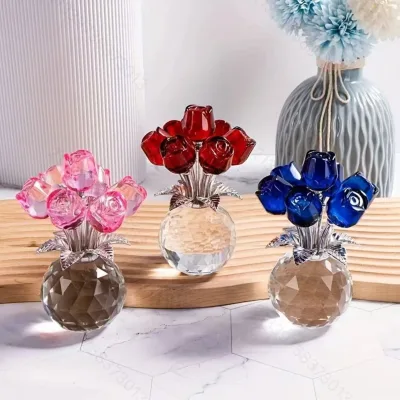 Creative Crystal Flower Bouquet 7 K9 Crystal Rose Desktop Decoration for Christmas Gift