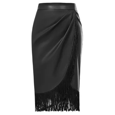 BP0757A23 Women Wrap Hem PU Leather Skirt High Waist Tassel Decorated Bodycon Skirt