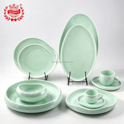 Pebble Shape Ceramic Dinnerware Set Colored Glaze Gold Porcelain Tableware Sets Dinner Plate Soup Plates Bowl to Restaurant